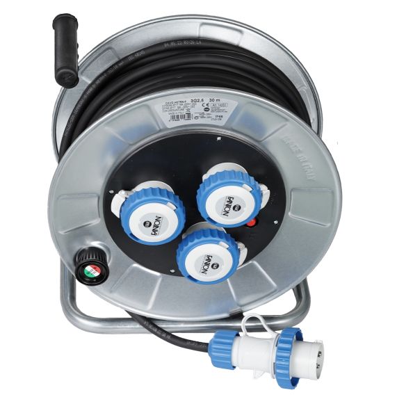 Cable reel 30m 3G2,5 H07RN-F 3 sockets CEE, with thermal cut-out, IP55,  galvanized